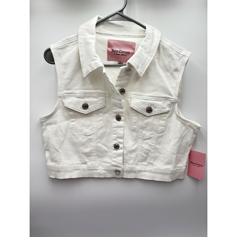 Juicy Couture White Denim Vest Rhinestone Juicy Back Y2K Cropped Jean Vest - Picture 3 of 6